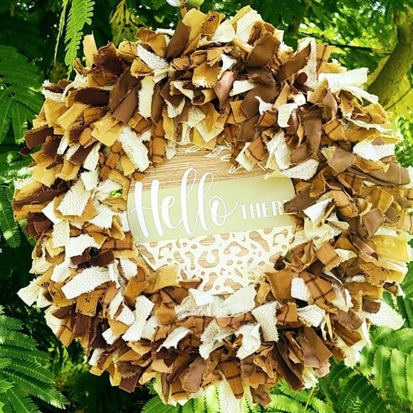 Hello There Shades of Brown Fabric Rag Wreath Door Decor Shabby Chic Decor 18" - Picture 8 of 13